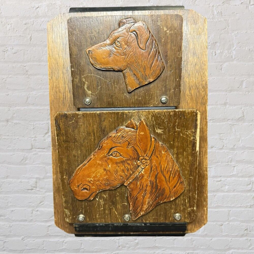 Edwardian Letter Rack English Dog Terrier & Horse Relief Mahogany Oak Antique